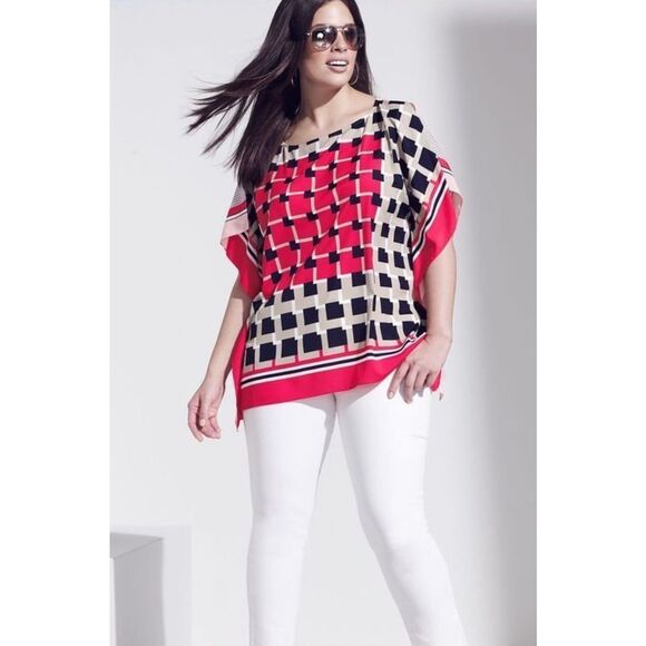 Michael Kors Kimono Style Red Geometric Print Blouse Women's Small/Medium - Picture 1 of 6